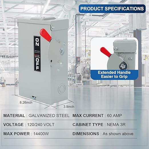 2P 60Amp 120V/240V General Duty Safety Switch，Disconnect Switches Box，Quick Disconnect Safety Switch