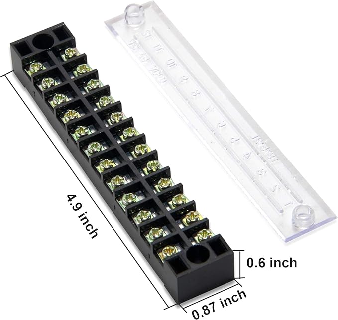 MILAPEAK Terminal Block and Strip - 5pcs 12 Positions 600V 15A Dual Row Screw Terminal Blocks with Cover + 10pcs 400V 15A 12 Positions Pre-Insulated Terminal Barrier Jumper Strips Black & Red