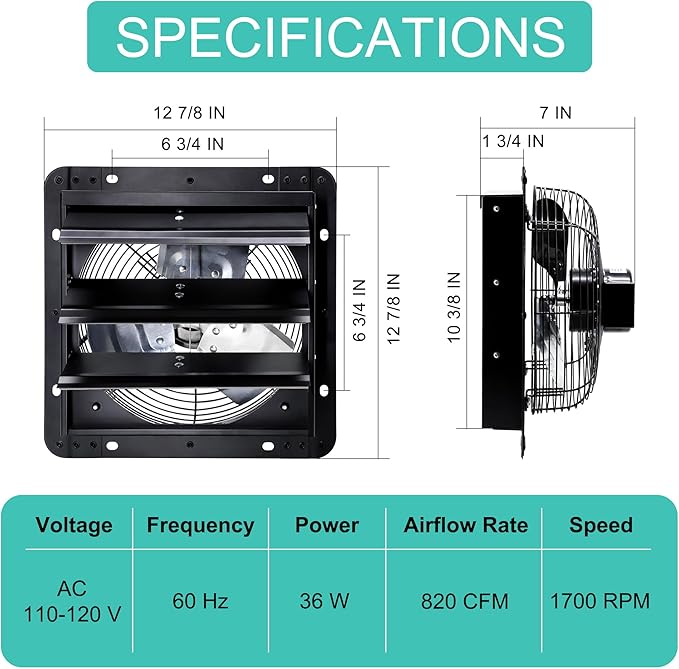 10 Inch Wall Mounted Shutter Exhaust Fan with Thermostat and Speed Controller for Attic, Greenhouse, Shed, Garage, Chicken Coop, Shop, Barn Ventilation, 820 CFM Louvered Vent Fan, Black
