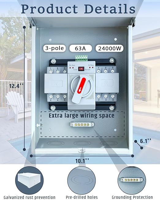 63A Automatic Transfer Switch for Generator, 3P, 120/240V Dual Power Generator Transfer Switch Meeting NEMA 3R Standards for Outdoor and Indoor