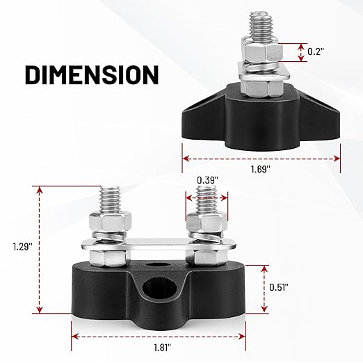 RED WOLF 12V 100A Power Distribution Block 1/4" Dual Stud Busbar M6 Terminal Bus Bar 12 Volt DC Battery Junction Post for Auto Boat Marine Solar System Positive and Negative (2PC)