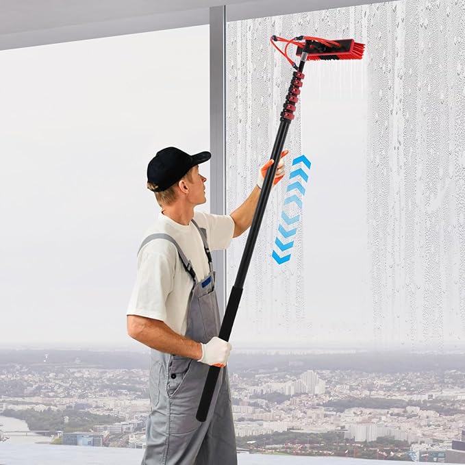 Window Cleaner Tool Washing Equipment Window Solar Panel Cleaning Brush and Pole Water Fed Pole Kit for House Roof Glass Car, 180° Adjustable Brush Head with 4 Water Outlets (35.43ft)