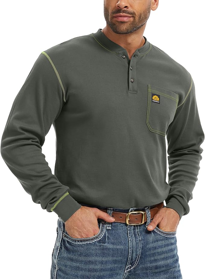 WORKWEYA FR Shirts for Men 6.5 oz Flame Resistant Long Sleeve Henley Shirt NFPA 2112/CAT2