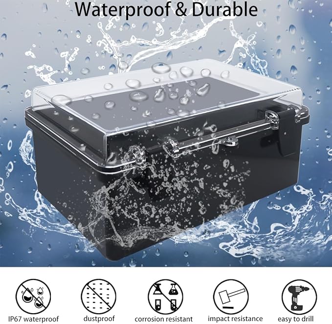 Junction Box, Hinged Black Clear Cover IP67 Waterproof ABS Project Box with Mounting Plate Electrical Box Enclosure with Wall Bracket 10.2 x 6.3 x 4.3inch(260x160x110mm)