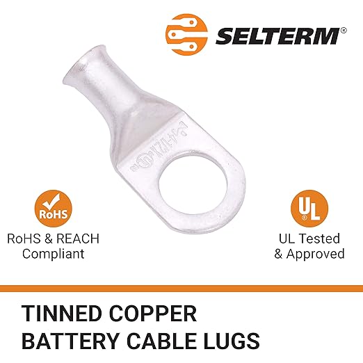 SELTERM 10pcs 4 AWG-1/2" Stud Tinned Copper Wire Lugs, Heavy Duty Battery Cable Ends,4 Guage Ring Terminals, UL Battery Lugs Marine Grade Copper Eyelets Electrical Battery Terminal Connectors