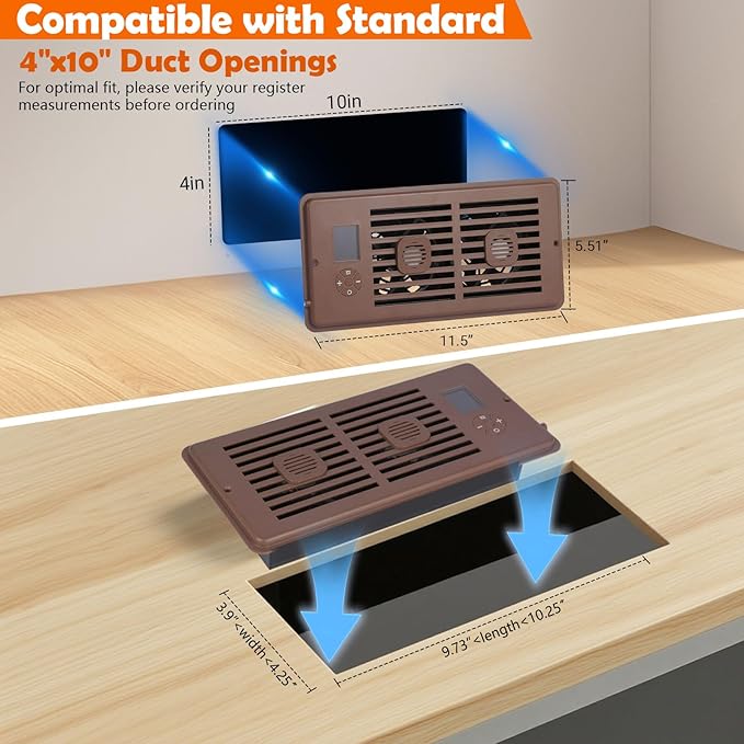 Register Booster Fan Fits 4" x 10" Register Holes, Vent Fan with DIY Scent Diffuser,Quiet 10-Speed Smart Heating Cooling AC with LCD Screen,Remote Control and Thermostat Control for Home,Wall,Floor