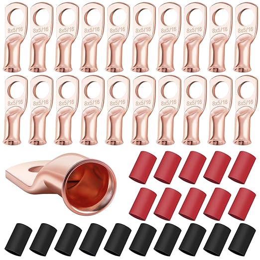 XHF 20PCS 8 AWG-5/16 Heavy Duty Battery Lugs with 3:1 Heat Shrink Tubing, Ring Terminals Battery Cable Ends Copper Eyelets Electrical Battery Connectors