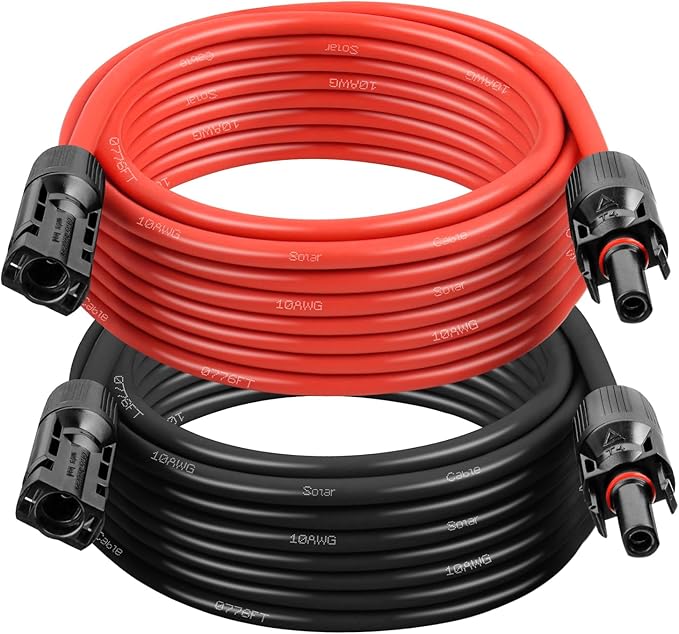 10AWG Solar Extension Cable 20FT – 2 Pack Red & Black PV Wire with Solar Connectors, 84-Strand Tinned Copper, Dual XLPE Insulated, Outdoor UV-Resistant Cable for RV, Inverter, Battery