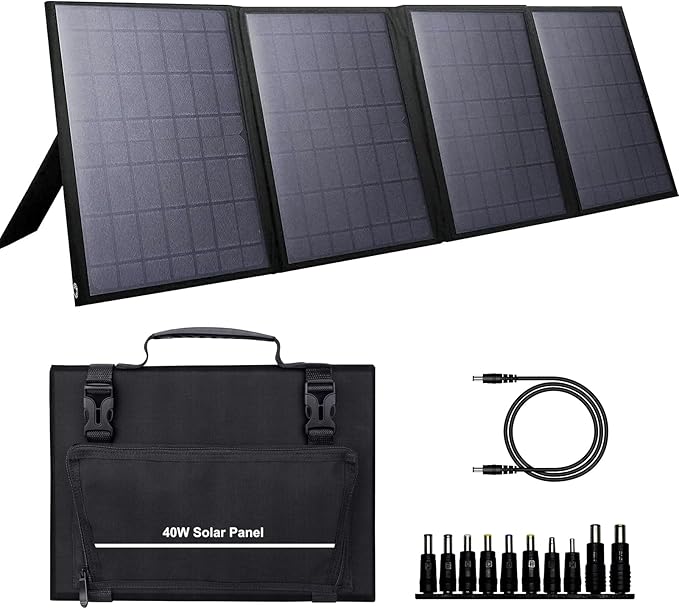 Portable Solar Panel 40W, Foldable Solar Charger for Outdoor Solar Power Station Generator, Adjustable Kickstand,10 in 1 Connectors,DC to DC Cable,USB QC3.0 Output for Camping RV Road Trip Adventure