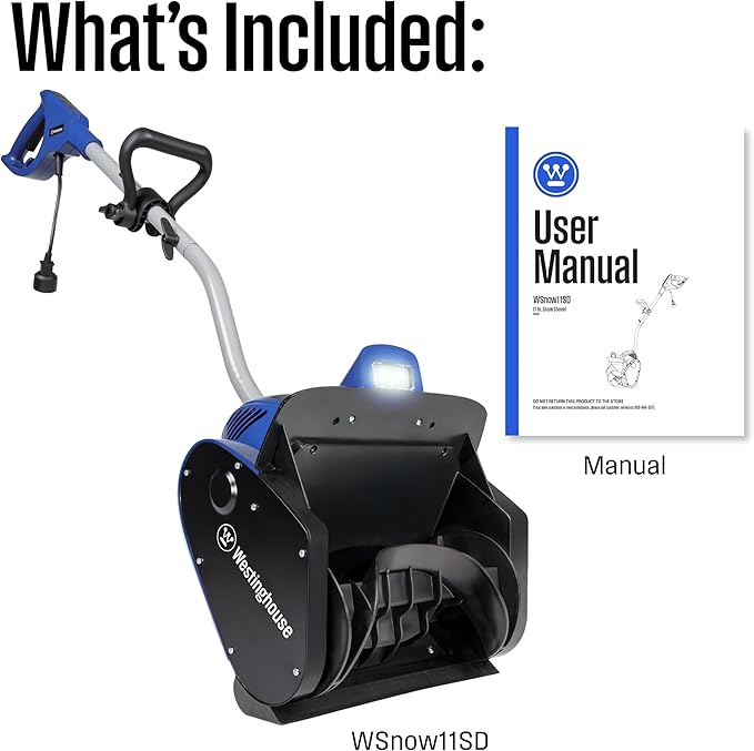 Westinghouse WSnow11SD Corded Snow Shovel, 11-inches Wide, Electric Snow Shovel with 20ft Throwing Distance, Plows 300lbs/min for Driveway/Steps/Sidewalk/Porch
