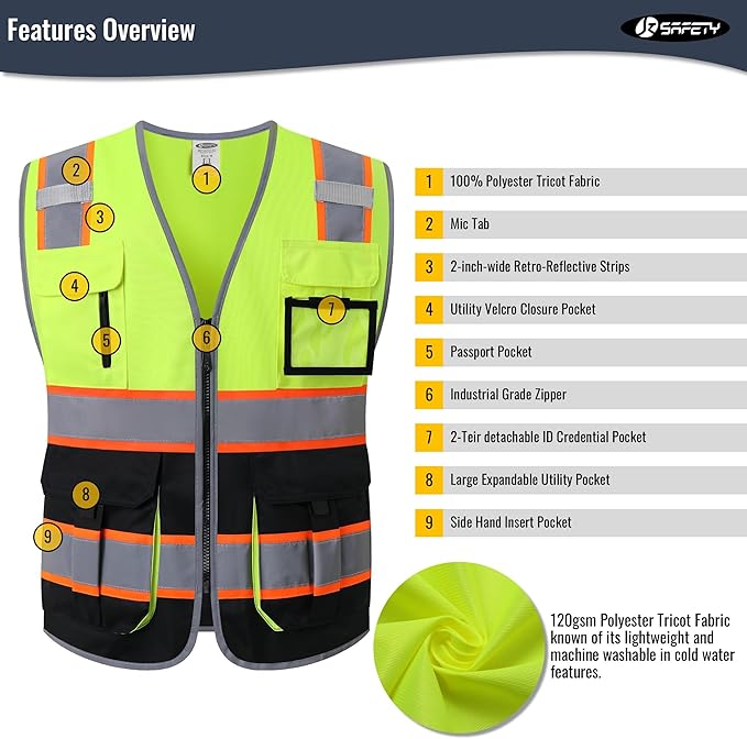 JKSafety 7 Pockets High Visibility Zipper Front Safety Vest With Reflective Strips.Meets ANSI/ISEA Standards(130-Yellow-Black M)