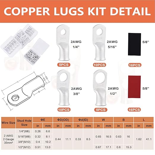 2 AWG Tinned Copper Ring Terminal Kit (62 Pcs) - 30 Battery Lugs (1/4", 5/16", 3/8", 1/2") with 32 Heat Shrink Tubes for 2 Gauge Wire in Automotive, Solar, Marine, RV Applications