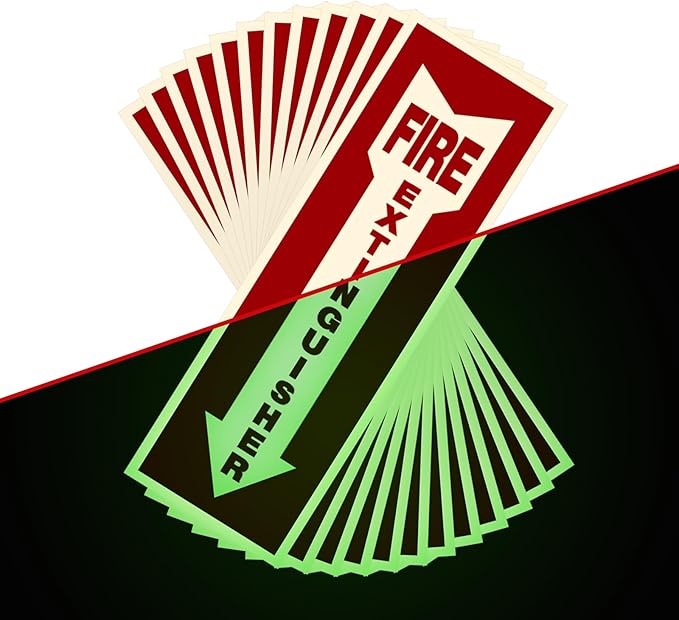 Fire Extinguisher Signs,Safety Sign Sticker glow in the dark 12 Pack 4" X 12" Durable Self Adhesive, Waterproof and UV Protected,for Home, Office or Boat
