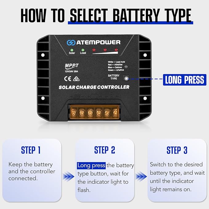 ATEM POWER 20A 12V/24V MPPT Solar Charge Controller Selecting Battery Type Activate Lithium Battery Intelligent Solar Controller Compatible with Lead Acid, AGM, Gel, Calcium and LiFePO4 Battery