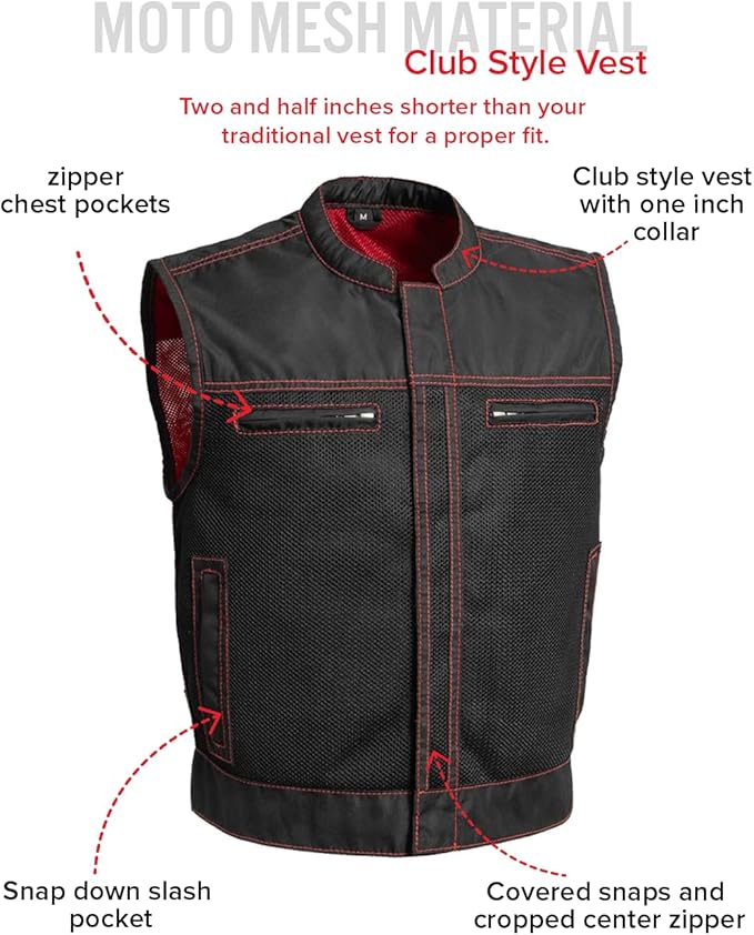 First Mfg Co Lowrider Mens Motorcycle Biker Riding Armor Club Style Black Leather, Twill, Moto Mesh, Perforated Vest