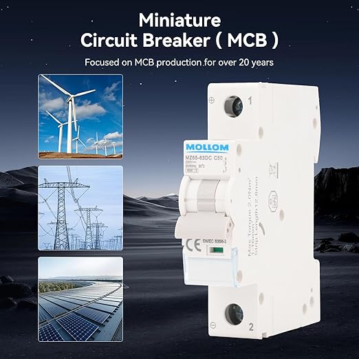 MOLLOM DC 1 Pole Miniature Circuit Breaker, 250V 63Amp, C63 Scene Visualization Custom MCB Thermal Magnetic Trip, 6KA Breaking Capacity DC Disconnect Switch for Solar PV System