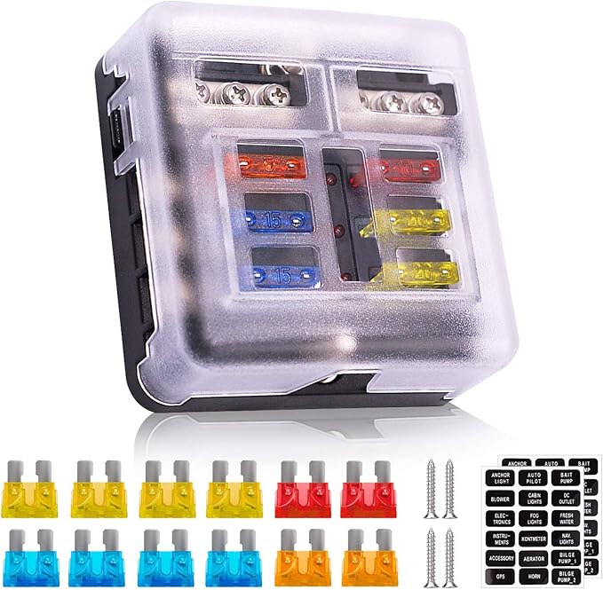 12V Fuse Box 6 Way 12 Volt Fuse Block ATO/ATC with LED Indicator Light Waterproof 24V for Marine Automotive Boat Car Truck
