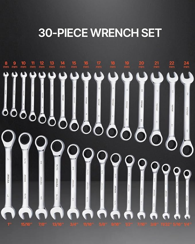 VEVOR Combination Wrench Set, 30-Piece Ratcheting Wrench Set with Organizer Rack, Cr-V Steel Wrench Set SAE 1/4" to 1", Metric 8 mm to 24 mm, Ideal for General Household, Garage, Workshop, Emergency