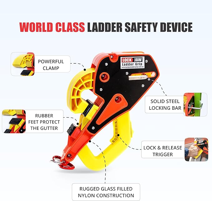 Lock Jaw Roof Ladder Stabilizer Hook for Gutter - Standoff in 5 Seconds with Slide-Lock Security - Prevent Aluminum Ladders Top Movement & Falls - Award-Winning Extension Ladder Accessories for Roof