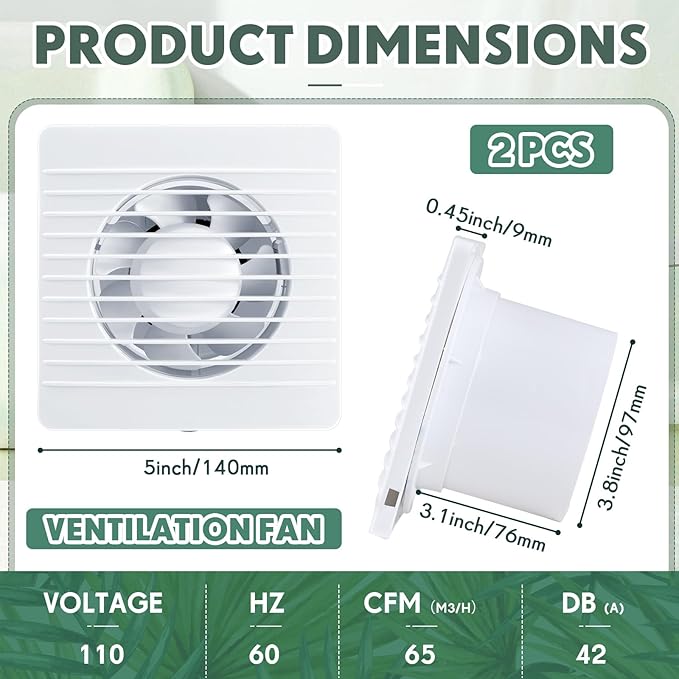 Qunclay 2 Pcs 4 Inch Small Window Fan 110v Kitchen Exhaust Fan 76 Cfm 2400r/min, 18w 65m³/h Extractor Vent Bathroom Wall Ventilation with Anti Backflow Check Valve Chain Switch