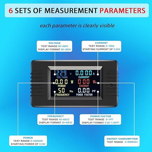 AC Current Voltage Amperage Power Energy Meter AC 80~260V 100A Color LCD Digital Display Ammeter Voltmeter Multimeter with Split Core Current Transformer CT Multi-Function Power Monitor