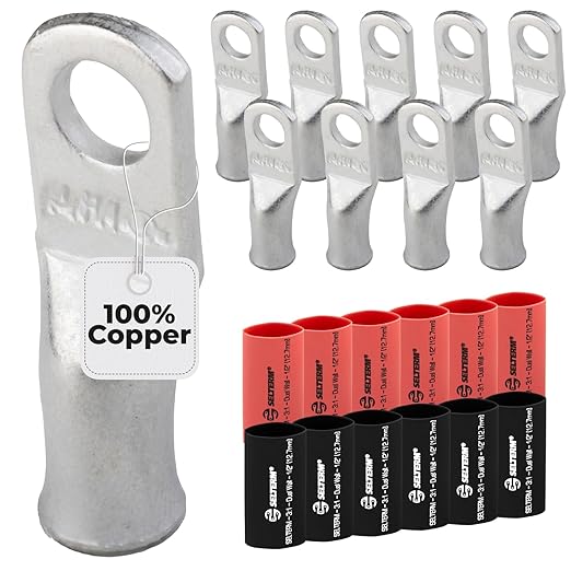 SELTERM 10pcs - 6 Awg - 1/4" Stud - Battery Lugs - Ring Terminal Connectors | with 12pcs 3:1 Black & Red Heat Shrink Tubing with Adhesive | Heavy Duty Battery Cable Ends - Tinned Copper Wire Lugs Kit