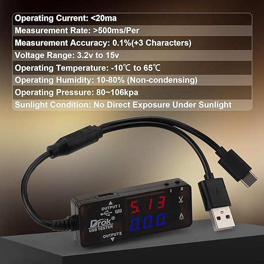 DROK USB Tester, USB-A USB-C 2.0 Multimeter Dual USB Ports PD QC 3.0 with Color LED Display Battery Charger Monitor, 7 Modes Capacity Voltage Current Power for Laptop Power Bank Solar Panel
