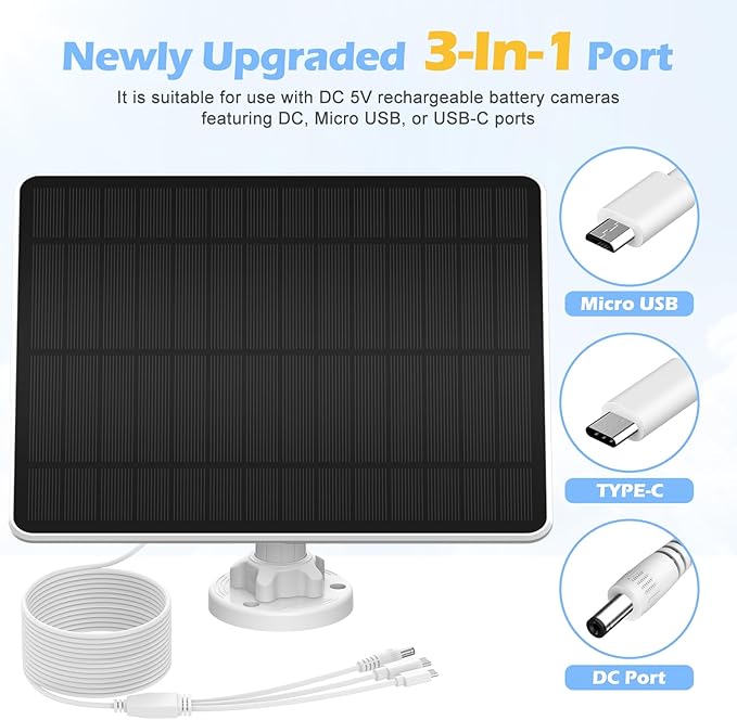 Solar Panel for Security Camera, Camera Solar Panel for Built-in Rechargeable Battery Security Camera with Micro USB & USB-C & DC Ports, IP65 Waterproof, 360°Adjustable, 10Ft Charging Cable