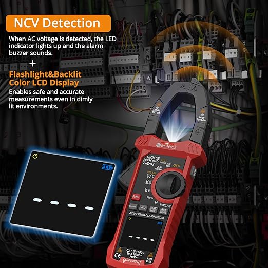 Neoteck Clamp Meter 9999 Counts 1000A Amp Clamp Multimeter with Inrush VFD LOZ TRMS Mode Colorful Screen Amp Meter for AC/DC Current&Voltage Resistance Capacitance Frequency Continuity Diode NCV