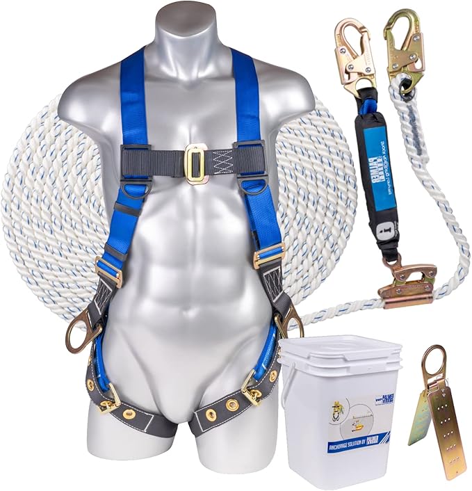 Palmer Safety Fall Protection Roofing Bucket Kit I Full-Body Harness, 50' Vertical Rope & Anchor Set I Safety Harness Kit
