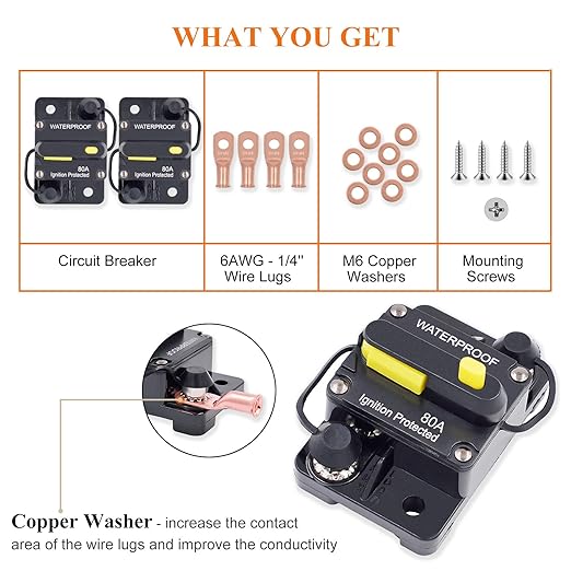 2-Pack 80 Amp Circuit Breaker with Manual Reset, DC 12V - 48V Circuit Protector for Marine Trolling Motor Car Amplifier RV Solar Truck ATV Inverter, Waterproof Surface-Mount Inline Fuse Holder