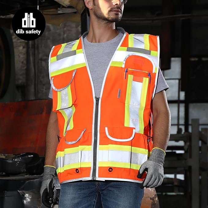 Dib Safety Reflective Vest Heavy Duty, High Visibility Two Tone Engineer Vest, Padded Collar, Retractable ID Pocket, Made with 3M Reflective Tape, Orange M