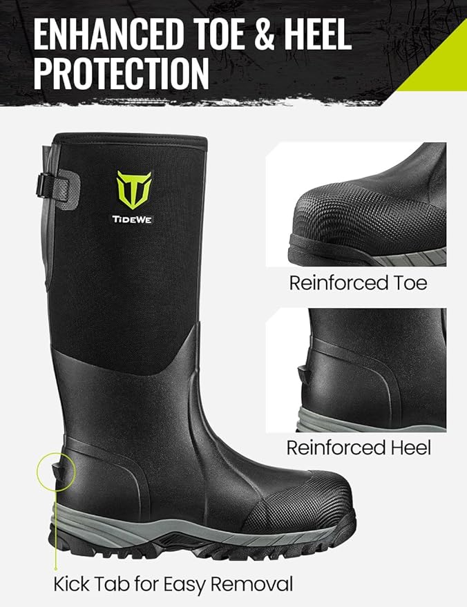 TIDEWE Work Boots Puncture-Proof with Steel Toe & Shank, Waterproof Anti Slip Rubber Boots for men, 6mm Neoprene Outdoor Boots, Durable Hunting Boots for Manufacturing, Construction, Farming(Black,Size 7-13)