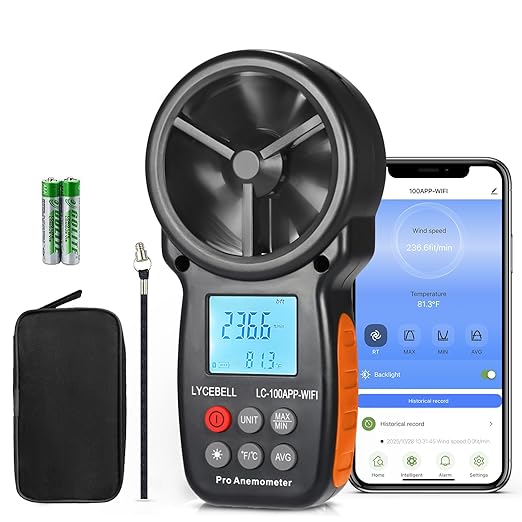 WiFi Anemometer Handheld, Digital Wind Speed Meter with Smart APP, 0.3-40m/s Range, Temperature Measuring, Data Logging, CFM Air Flow Meter for HVAC Outdoor Hunting Sailing Shooting Drone