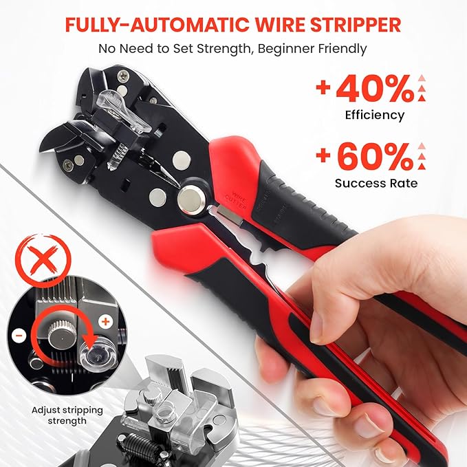 HARDELL+ Wire Stripper, 20-10 AWG Automatic Wire Strippers, 3-IN-1 Self Adjusting Wire Stripper Tool, Stripping/Cutting/Crimping Tool With 40PCS Terminals & Waterproof Bag For Electrician & DIYers