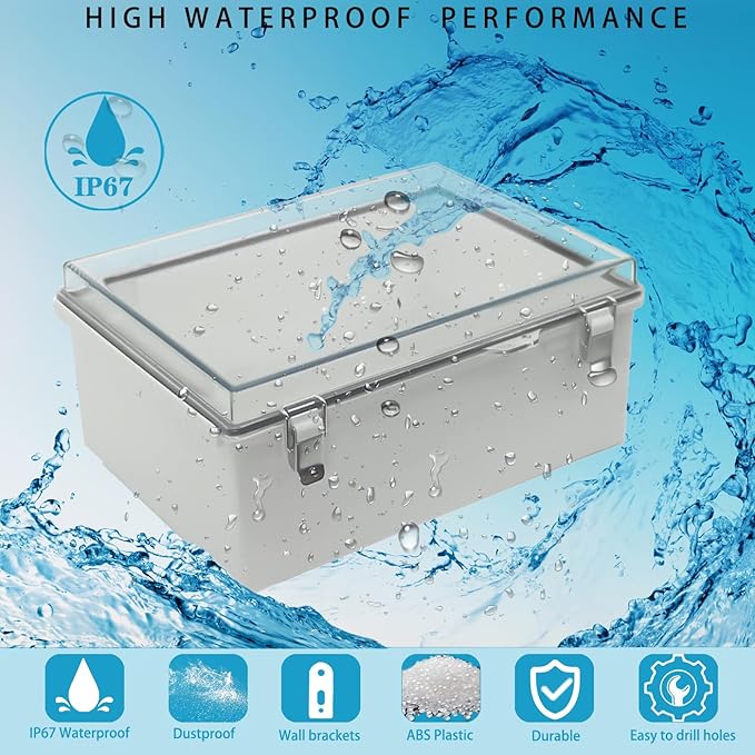 Waterproof Outdoor Electrical Box Junction Box Weatherproof IP67 ABS Plastic Enclosure Switch Router Project Box with Mounting Plate with Wall Bracket 2 Cable Glands Clear 13.8" x 9.8" x 5.9"