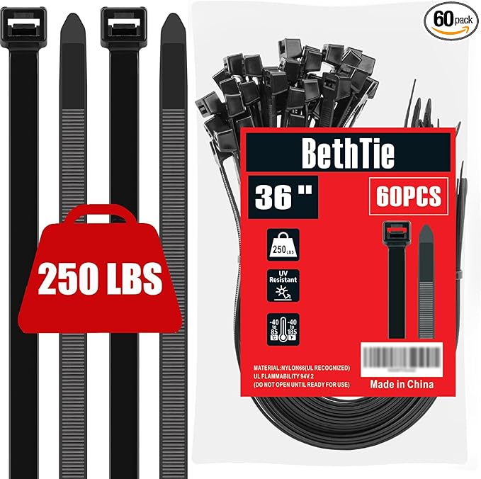 BethTie 36 inch Black Large Zip Ties Heavy Duty 60 PCS, 250 LBS Ultra Strong Plastic Wire Ties, Large Cable Ties Extra Long Tie Wraps, Indoor and Outdoor Use
