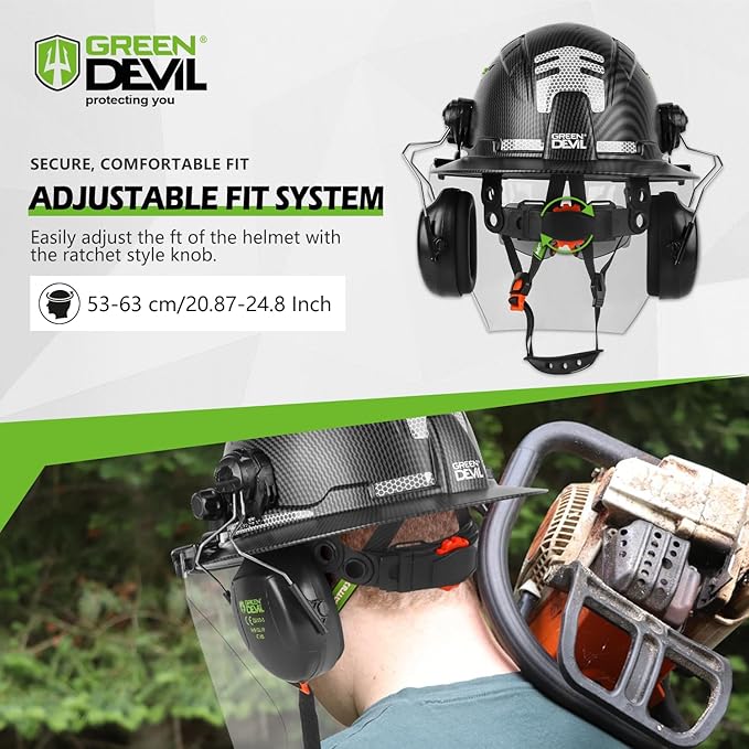 GREEN DEVIL Industrial Chainsaw Helmet with Face Shield Built in Visor and Ear Muffs 4 in 1 System ANSI Z89.1 Safety Hard Hat Adjustable Headgear Ideal for Forestry and Arborist Work Full Brim Style