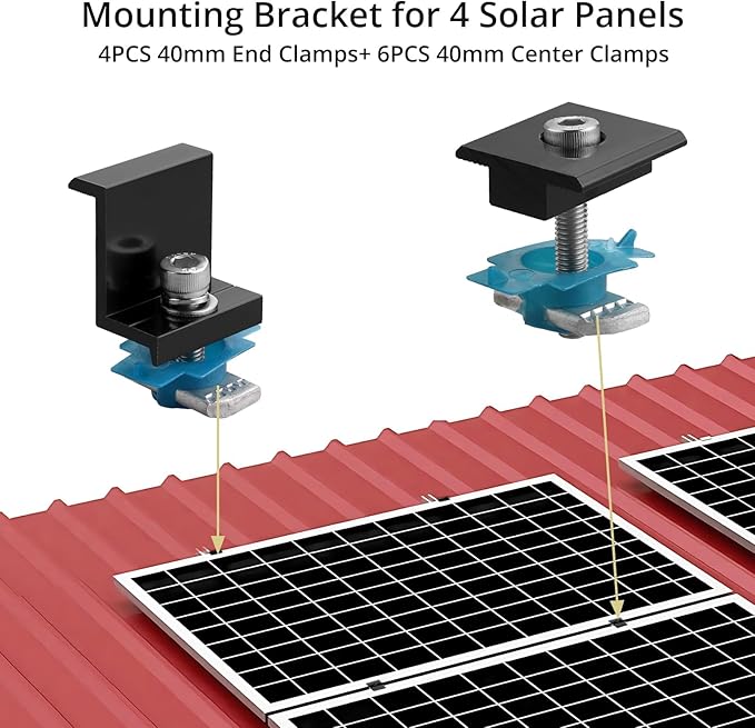 Anbte 10 PCS Solar Panel Clamps for Unistrut, Aluminium 40mm 6 x T-Shaped Mid Clamps + 4 x End Clamps, Solar Panel Mounting Brackets for Metal, Tin, Flat, Sheet Roofs, RV, Black