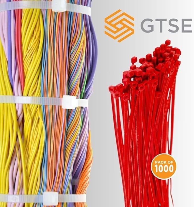 GTSE 8 Inch Red Zip Ties, 1,000 Bulk Pack, 18lb Strength, UV Resistant Small Nylon Cable Ties, Self-Locking 8" Tie Wraps