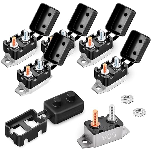 50 Amp Automatic Reset Circuit Breaker with Cover Stud Bolt, 6 Pieces 12V-24V DC for Automotive Marine Boat Car RV Truck Solar System and More, IP66 Waterproof (Black Cover)