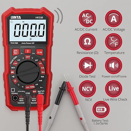 BINTA Digital Multimeter 2000 Counts with AC/DC Voltage, 1.5V/3V/9V Battery Tester Ohm Volt Amp Meter, Multimeter Tester with NCV, Temperature, Diode Measuring for Automotive Home Industrial
