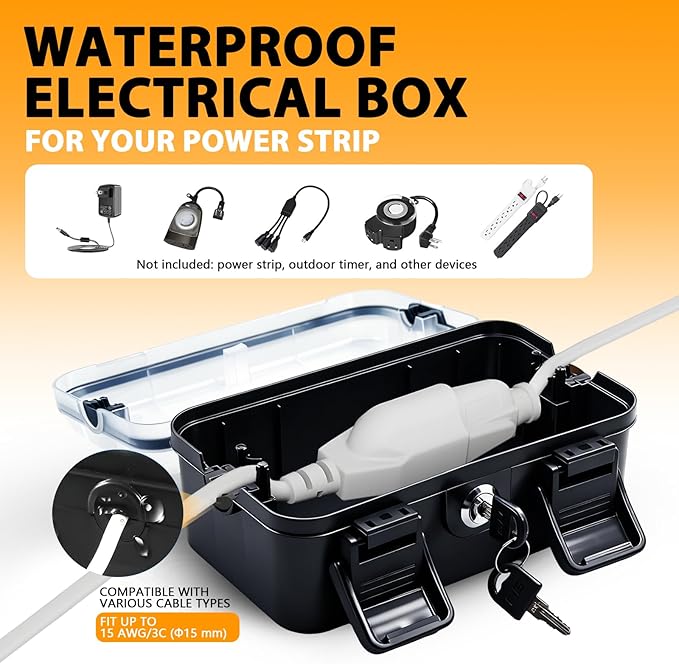Outdoor Electrical Box with Lock (8.6x4 X2.6 in), Extension Wire Cover, Electrical Waterproof Box IP54,Weatherproof Junction Box for Power Outlets, Timers, Plugs, Holiday Lighting, Black