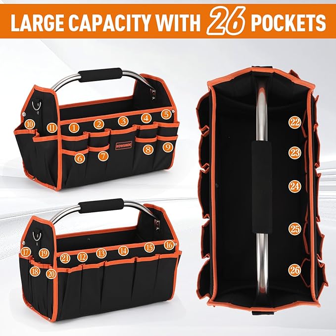 16 Inch Tool Bag, Electrician Tool Bag, Open Top Tool Bags, 26 Pockets Can Hold Many Tools, Steel Handle and Removable Shoulder Strap