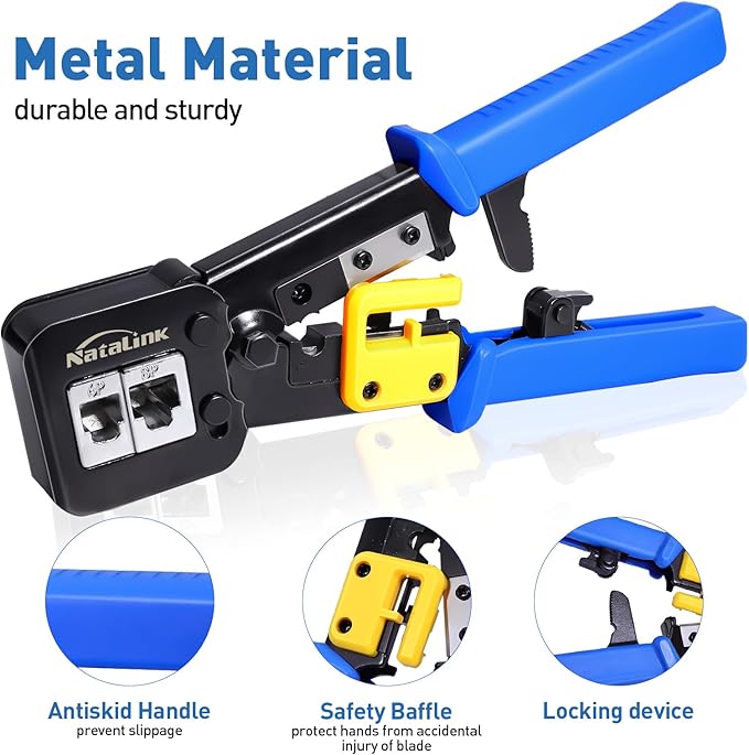 Pass Through RJ45 Crimp Tool Cat 6 Cat 5E Cat 5 Ethernet Crimper All-in-One RJ45 Crimping Tool with 30 Pcs Cat6 RJ45 Pass Thru Connector and Replacement Blade