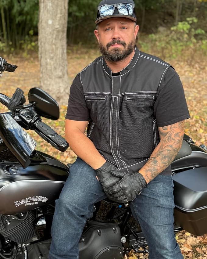 First Mfg Co Lowrider Mens Motorcycle Biker Riding Armor Club Style Black Leather, Twill, Moto Mesh, Perforated Vest
