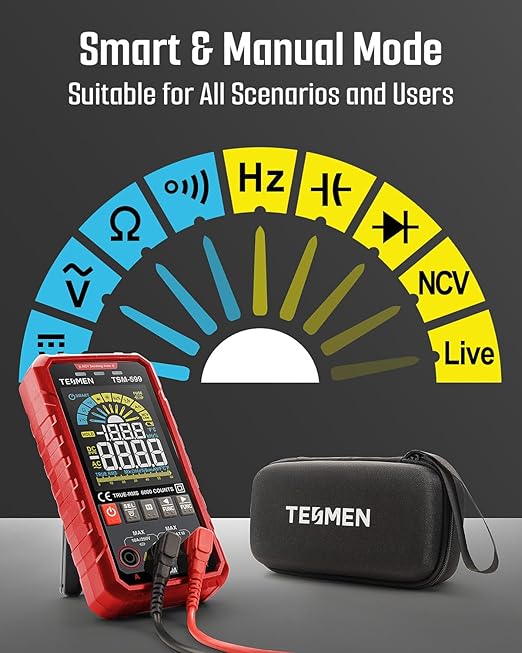 TESMEN TSM-599 Smart Digital Multimeter, Auto&Manual Measurement, TRMS 6000 Counts, Voltmeter with NCV, Voltage&Current, Resistance, Continuity, Diode, Capacitance, Hz%, Temperature, Live Wire - Red