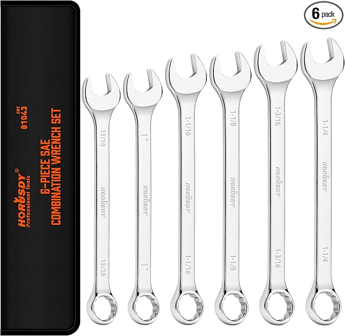 HORUSDY Large Wrench Set with Rolling Pouch | SAE | 6-Piece | 15/16″, 1″, 1-1/16″, 1-1/8″, 1-3/16″, 1-1/4″ | 12 Point | Chrome Vanadium Steel