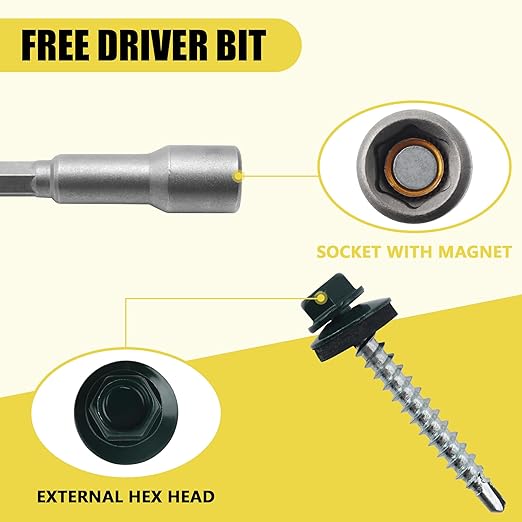 250pcs #10 x 1-1/2" Green Hex Head Self-Drilling Metal Roofing Screws, EPDM Washer, Colored Head, Sheet Metal Roof Screw with Hex Driver Bit