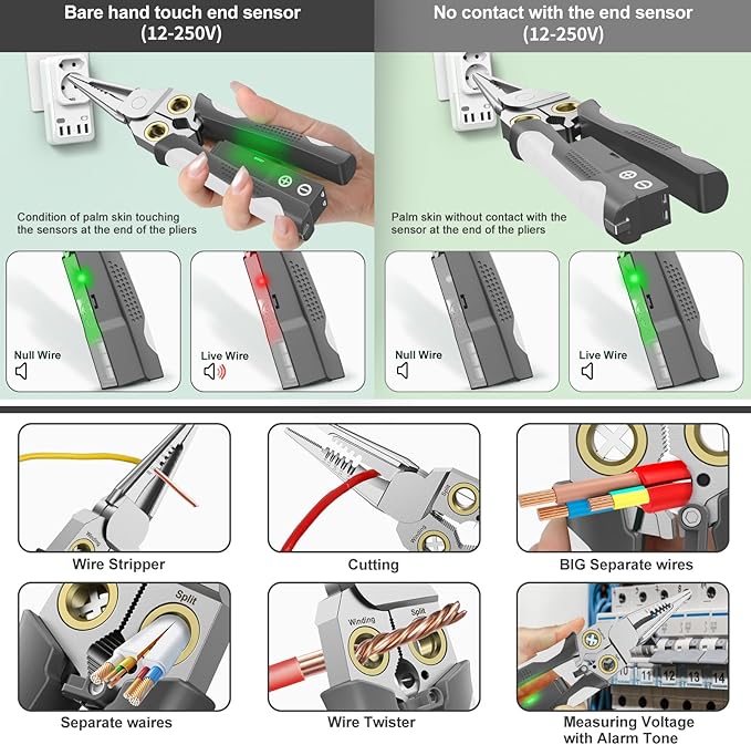 GADO Pro 8-in-1 Wire Stripper/Cutter with Voltage Tester & Dual Alarms - Heavy Duty 12-250V AC/DC Electrical Tester for Hot/Neutral Wires - Electrician, HVAC, Car Repair Tool (Gray)